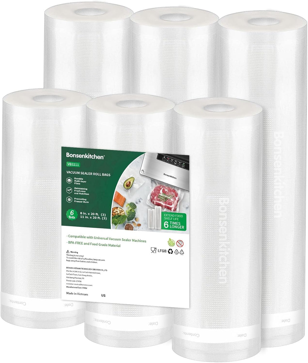 Vacuum Sealer Rolls bags, 3 Rolls 11"x 20'+ 3 Rolls 8"x 20'