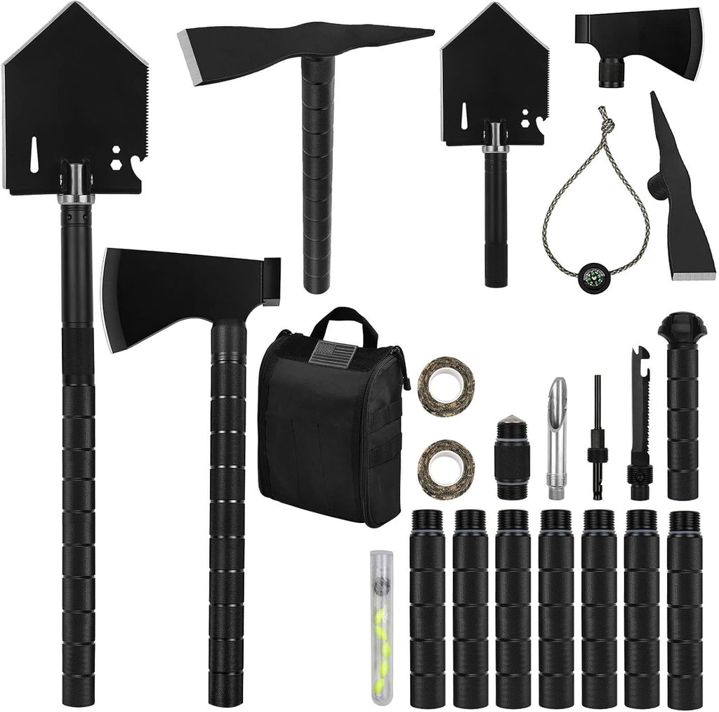 Survival Off-Roading Tool Kit, 19 in 1 Folding Shovel, Camping Axe, Multitool, Pickaxe, with Carrying Bag, for