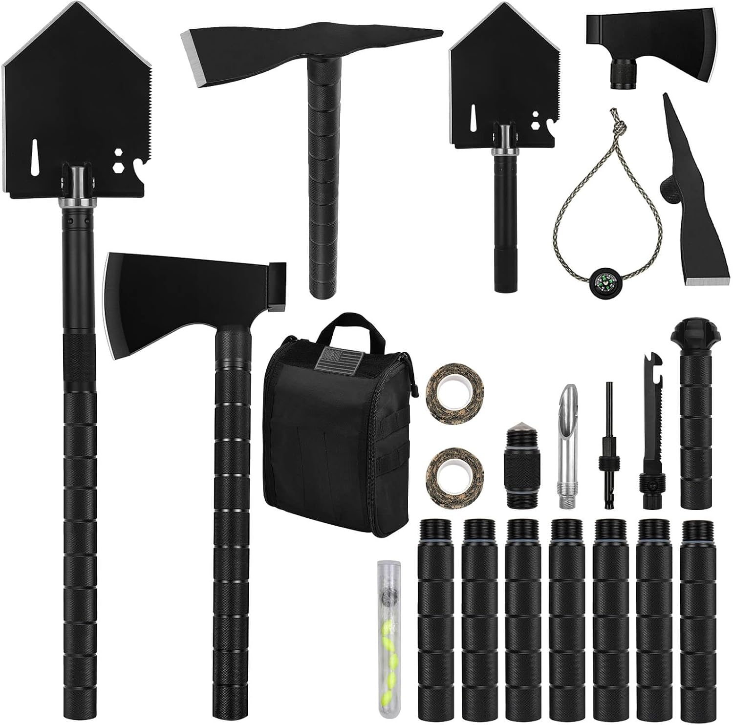 Survival Off-Roading Tool Kit, 19 in 1 Folding Shovel, Camping Axe, Multitool, Pickaxe, with Carrying Bag, for