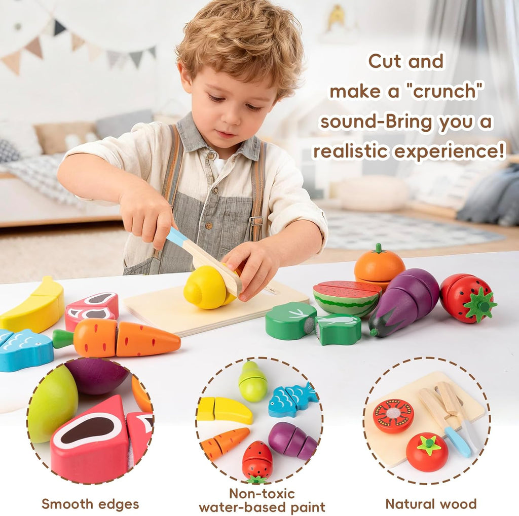 Wooden Play Food for Toddlers - 34Pcs Velcro Fruit and Veggies with Basket & Chopping Board, Play Food Sets for Kids