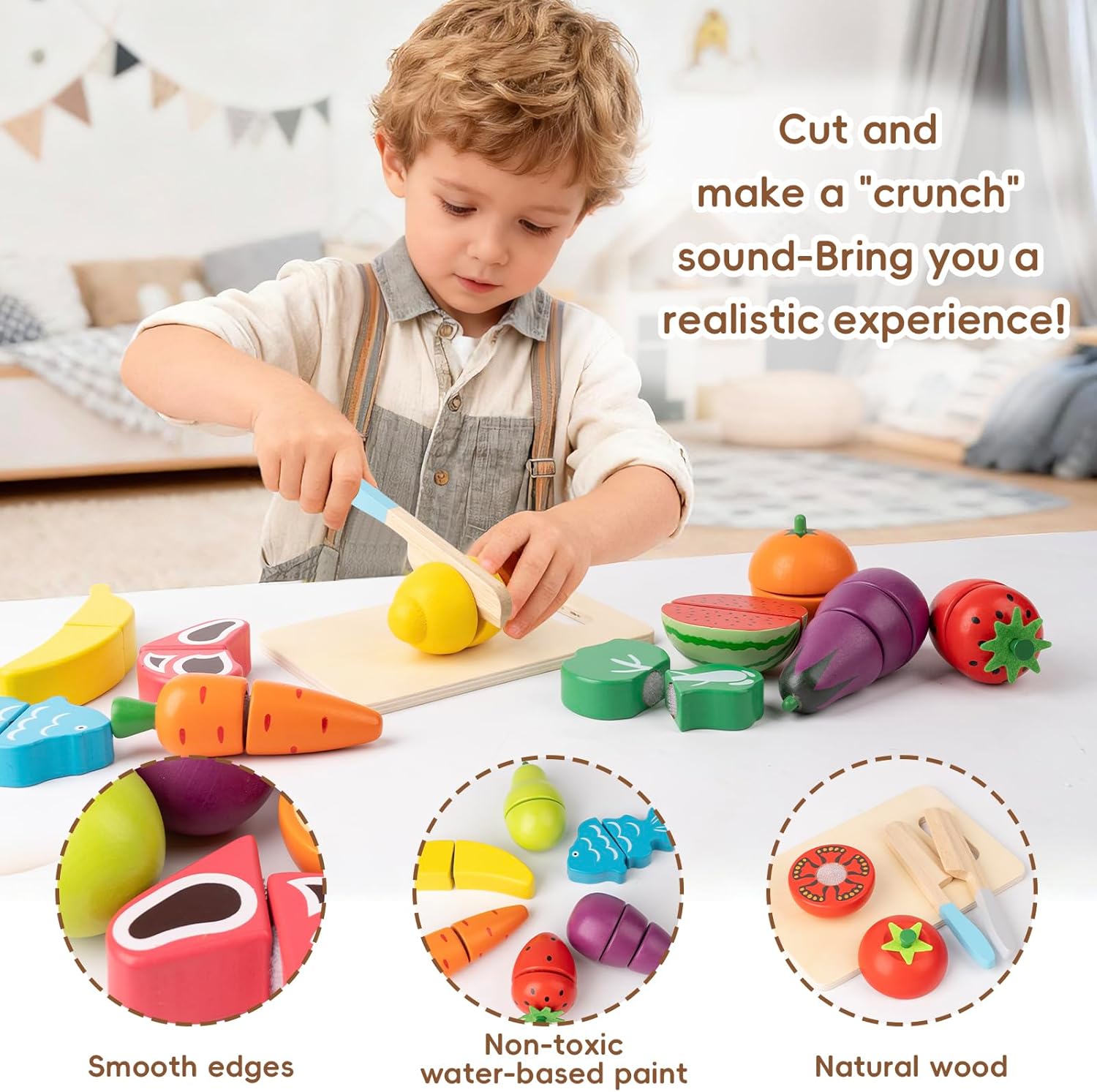 Wooden Play Food for Toddlers - 34Pcs Velcro Fruit and Veggies with Basket & Chopping Board, Play Food Sets for Kids