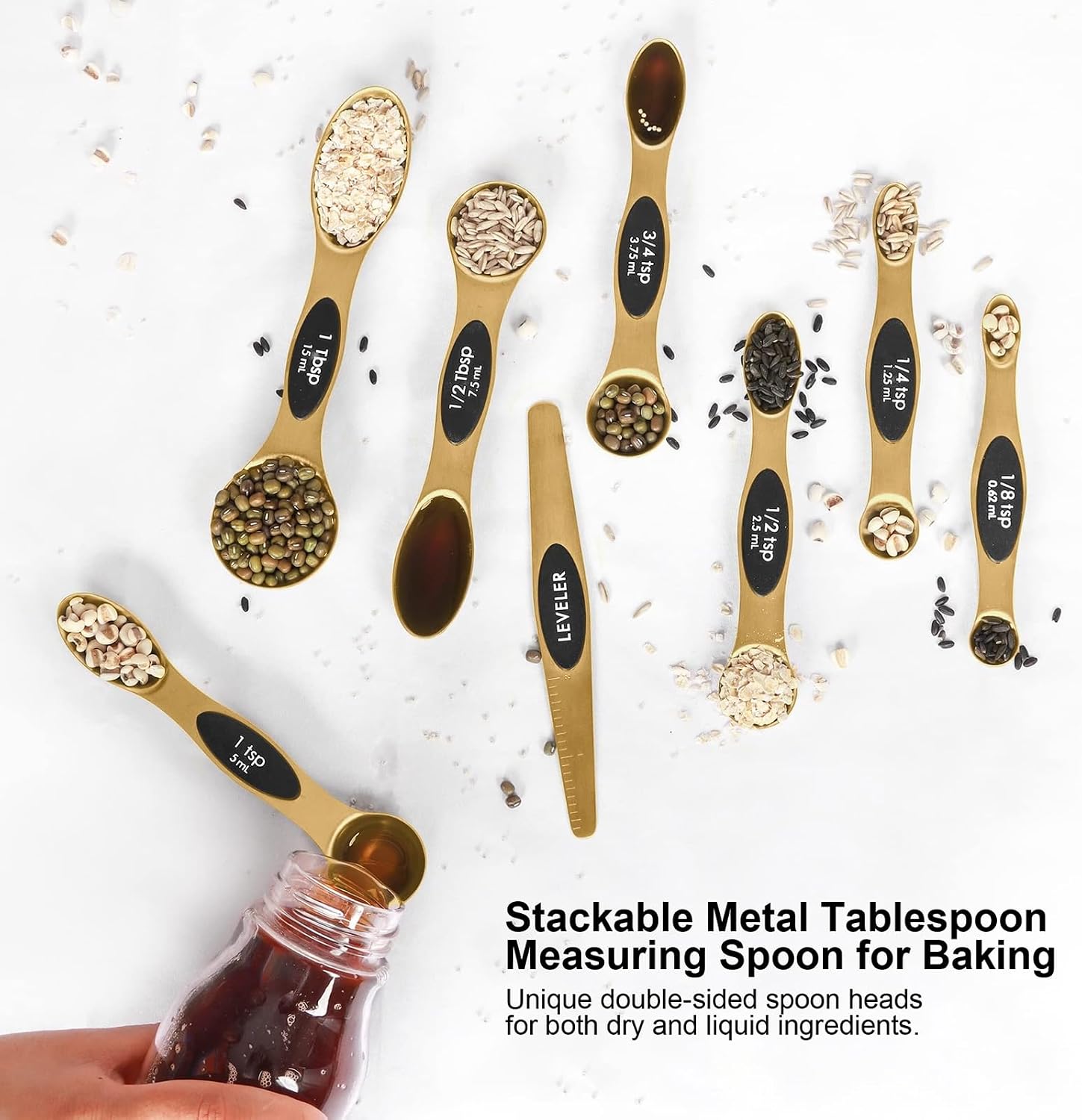 Magnetic Measuring Spoons Set Stainless Steel with Leveler, Stackable Metal Tablespoon Measure Spoon for Baking