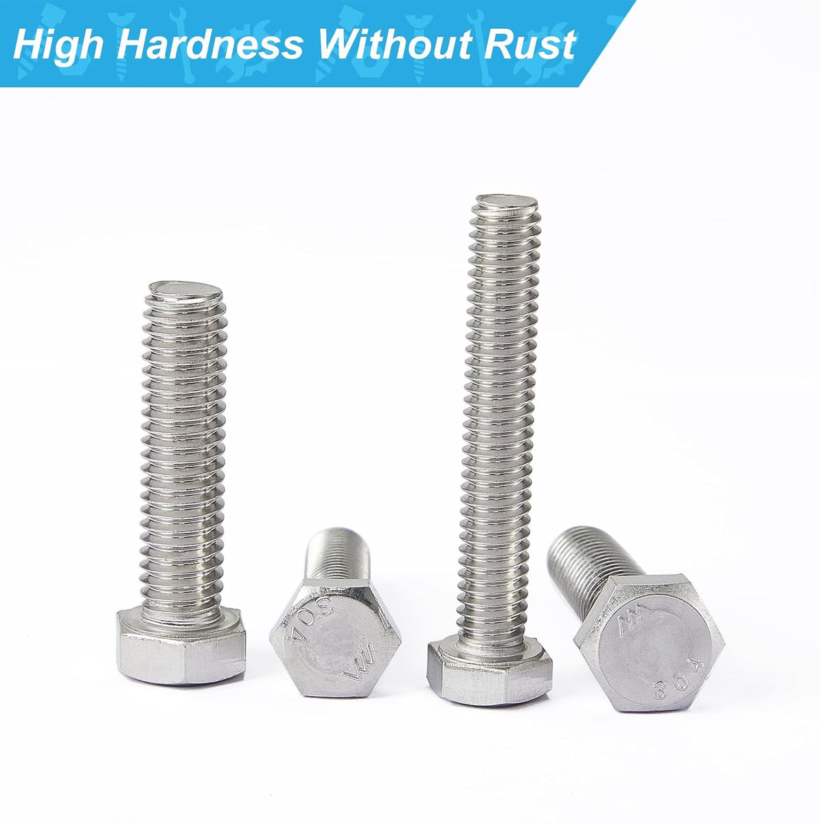 1/2-13 x 3 Hex Head Bolts, Stainless Steel 304, Hexagon Head Screws, UNC Coarse Thread, Bright Finish, Fully Threaded, Quantity 4