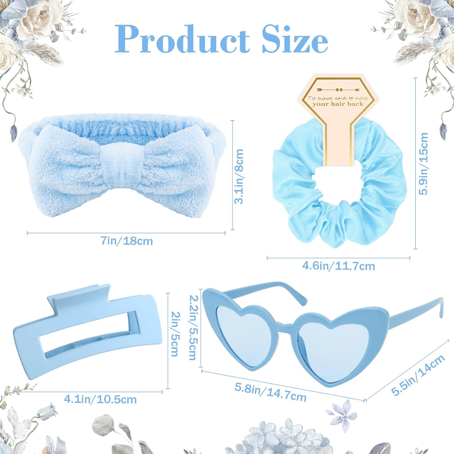 4 Pcs Blue Bridesmaid Proposal Gifts Bridesmaid Spa Headband, Hair Claw Clips, Heart Shaped Sunglasses and Smooth