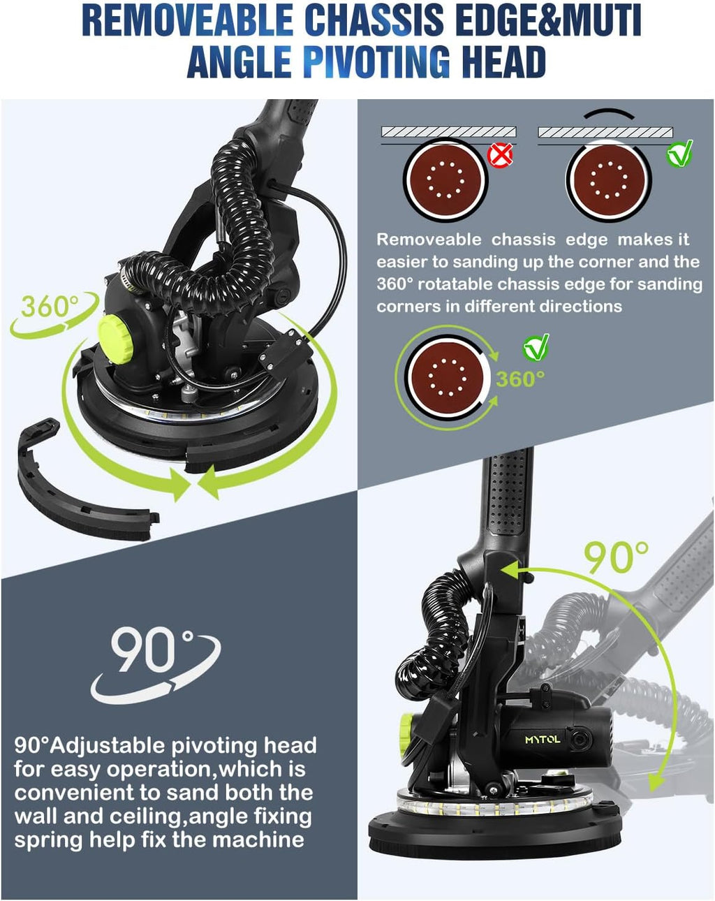 7.2A Drywall Sander with Vacuum, LED, 6-Speed | Digital display 900-1800RPM, foldable & extendable handle, 7.2A