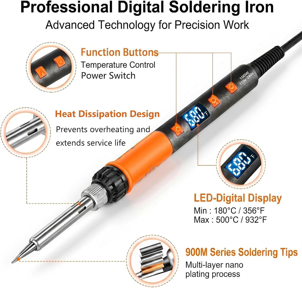 100W Soldering Iron Kit, Heavy-Duty Non-Slip Stand, 180-500°C, Auto Sleep | Helping Hands ＆ Magnifier, Fast Heating
