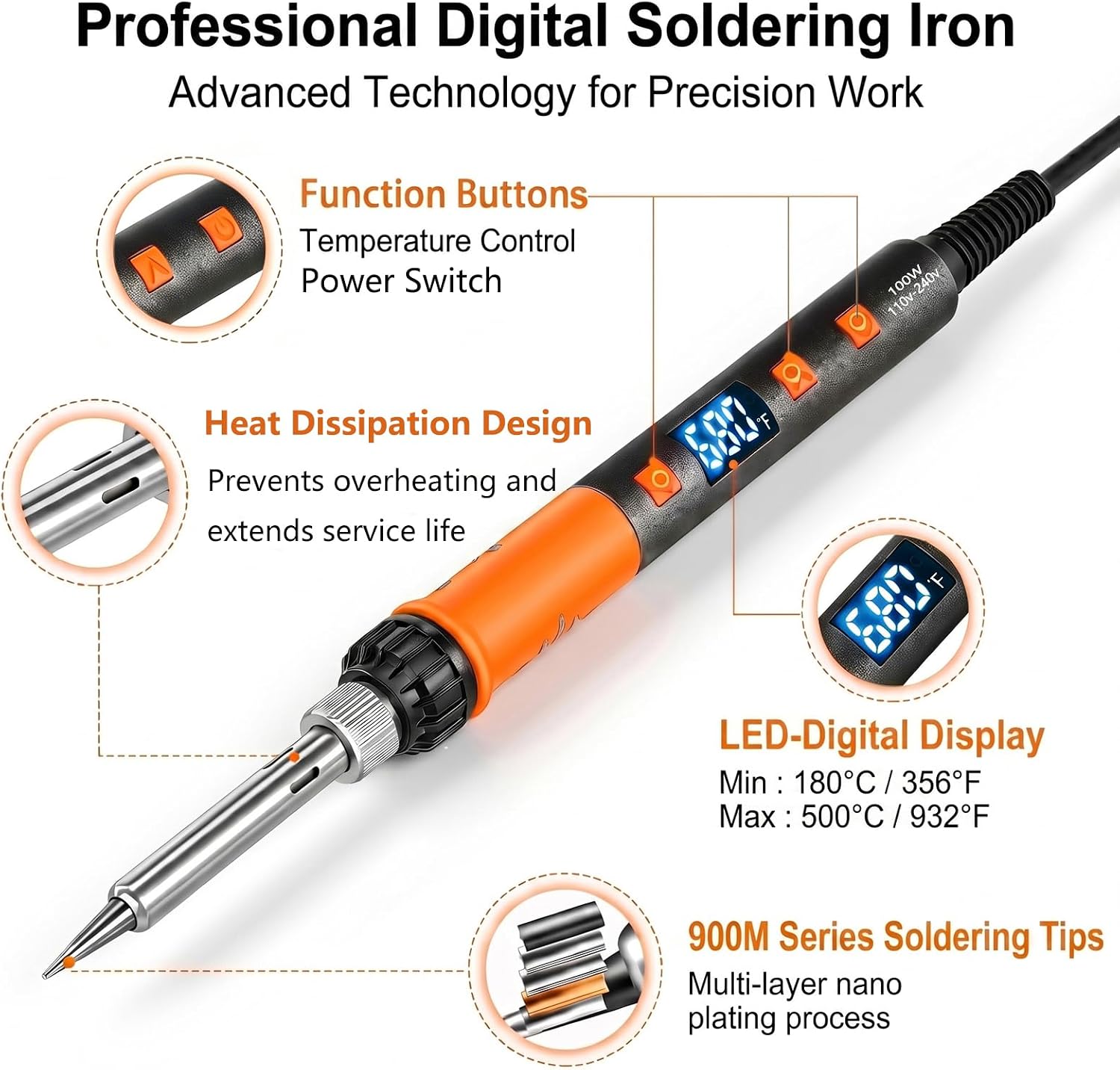 100W Soldering Iron Kit, Heavy-Duty Non-Slip Stand, 180-500°C, Auto Sleep | Helping Hands ＆ Magnifier, Fast Heating