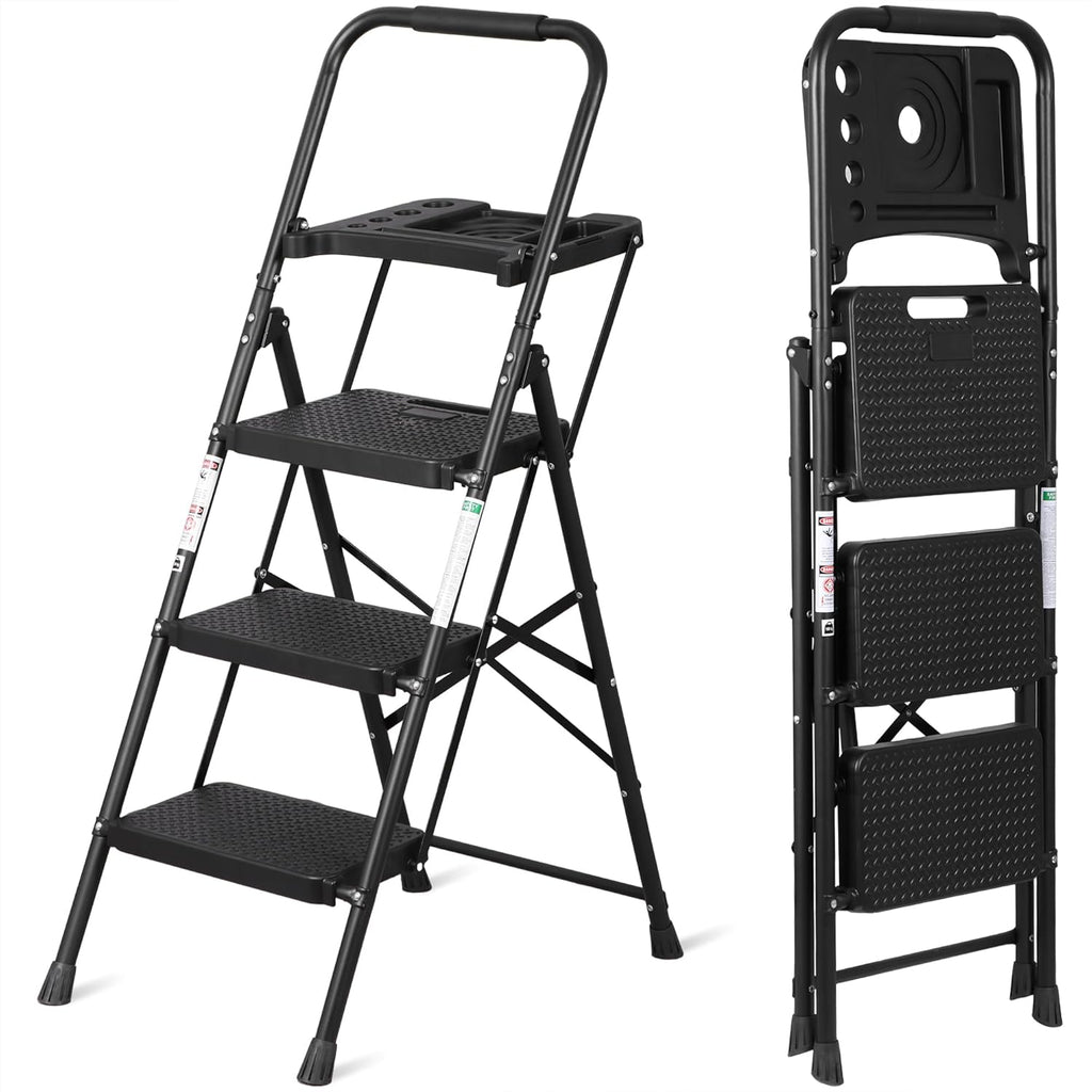 3 Step Ladder, Folding Step Stool for Adults, Portable Steel Ladder with Tool Platform, Wide Anti-Slip Pedal, Safety