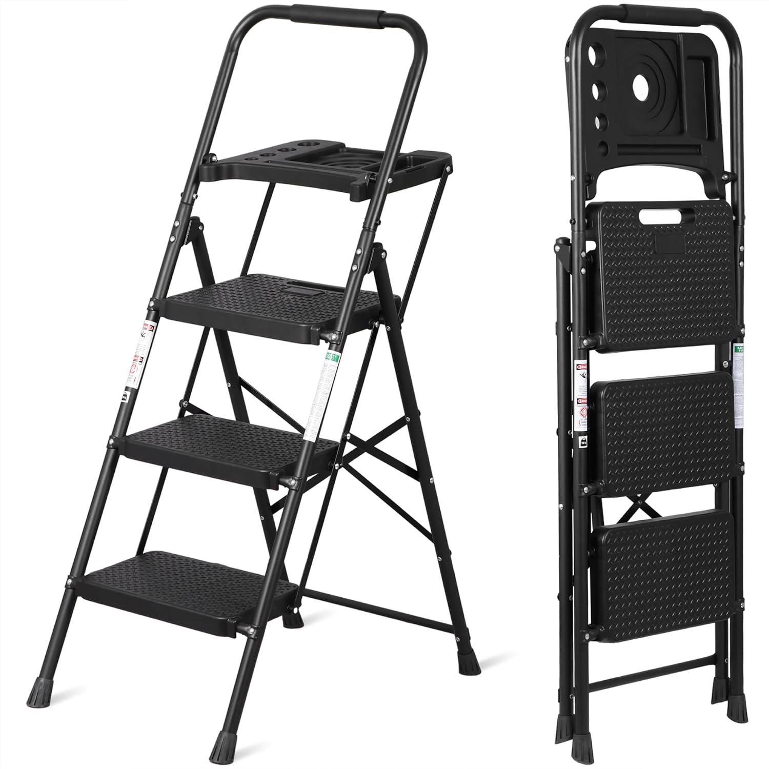 3 Step Ladder, Folding Step Stool for Adults, Portable Steel Ladder with Tool Platform, Wide Anti-Slip Pedal, Safety