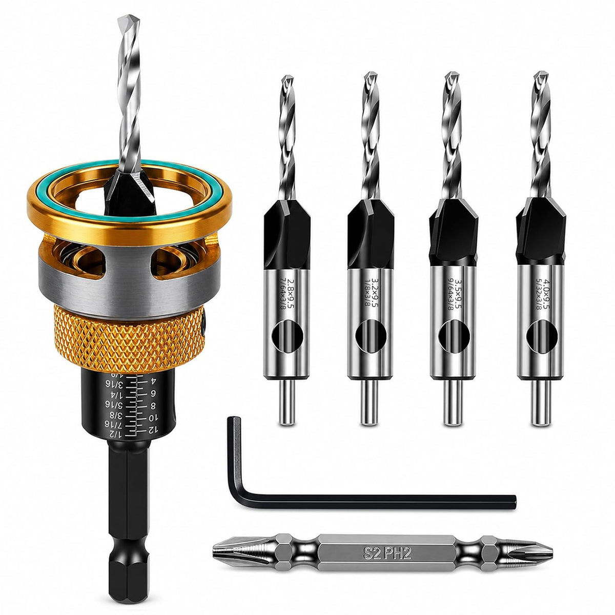 Countersink Drill Bit Set with Depth Stop 4PCS