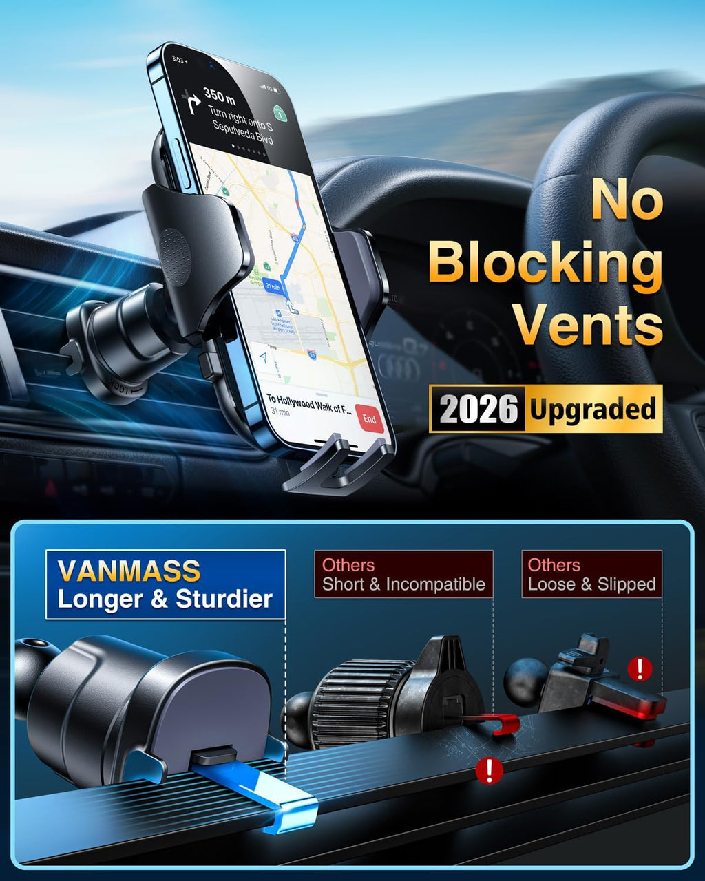 [True Military-Grade] Car Phone Holder VANMASS [Upgraded Strongest Suction&Clip] Cell Phone Mount for Dashboard