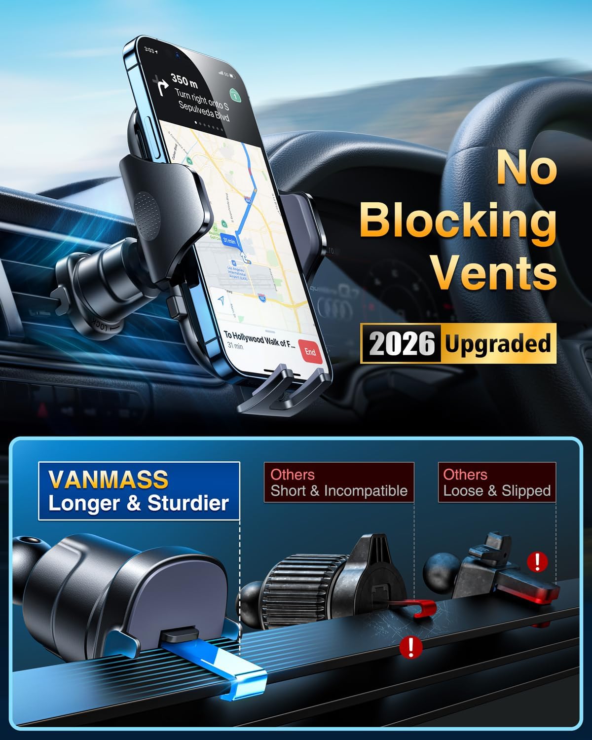 [True Military-Grade] Car Phone Holder VANMASS [Upgraded Strongest Suction&Clip] Cell Phone Mount for Dashboard