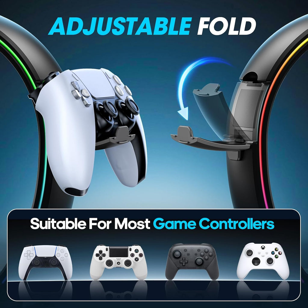 RGB Headphone & Controller Stand with 9 Light Modes - Foldable Controller Hanger for Desk - Earphone Stand with Cable