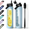 32 oz Glass Water Bottle with 2 Lids – Spout & Straw Lids, 1L Motivational Borosilicate Glass Water Bottle with Time