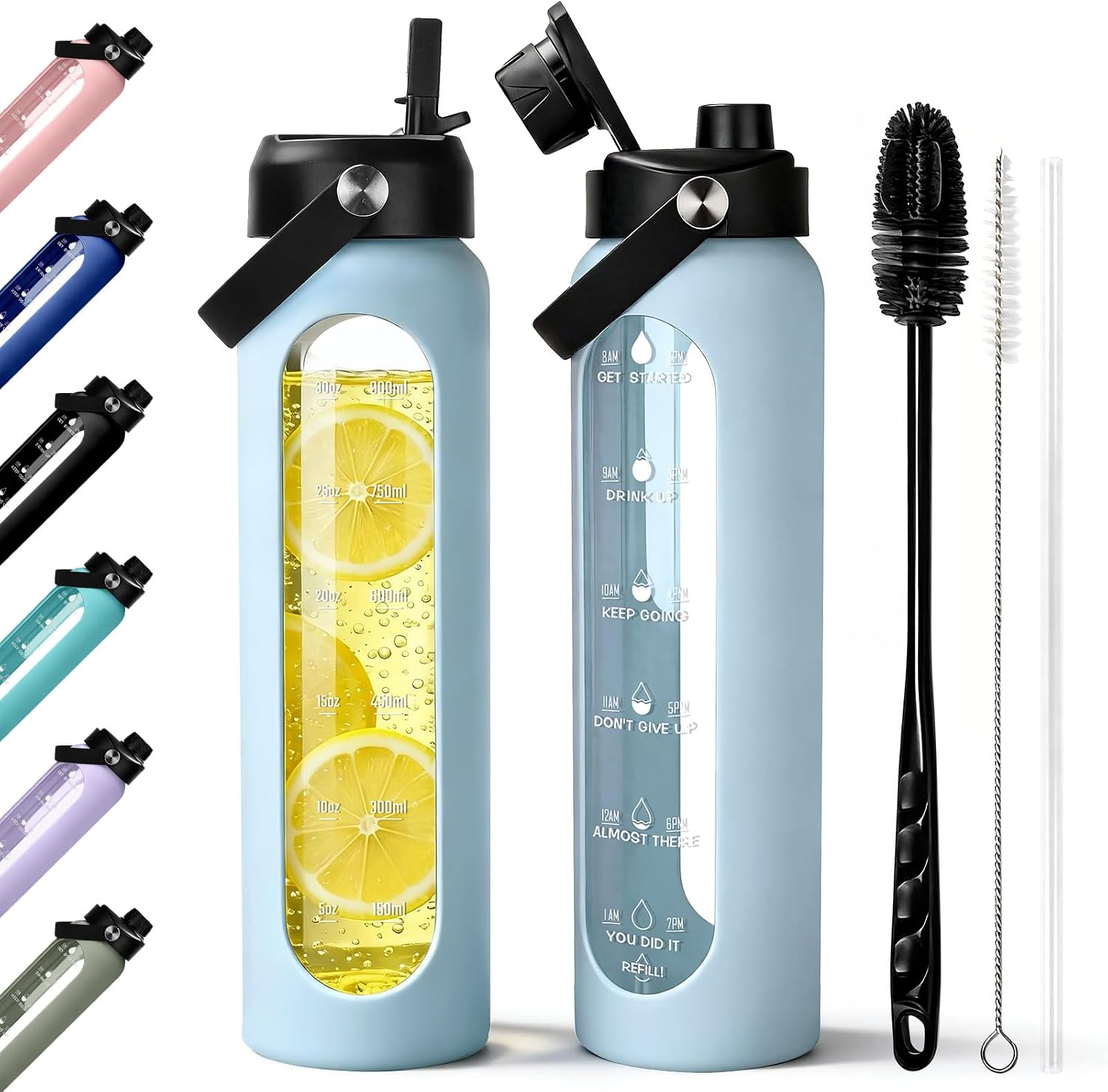 32 oz Glass Water Bottle with 2 Lids – Spout & Straw Lids, 1L Motivational Borosilicate Glass Water Bottle with Time