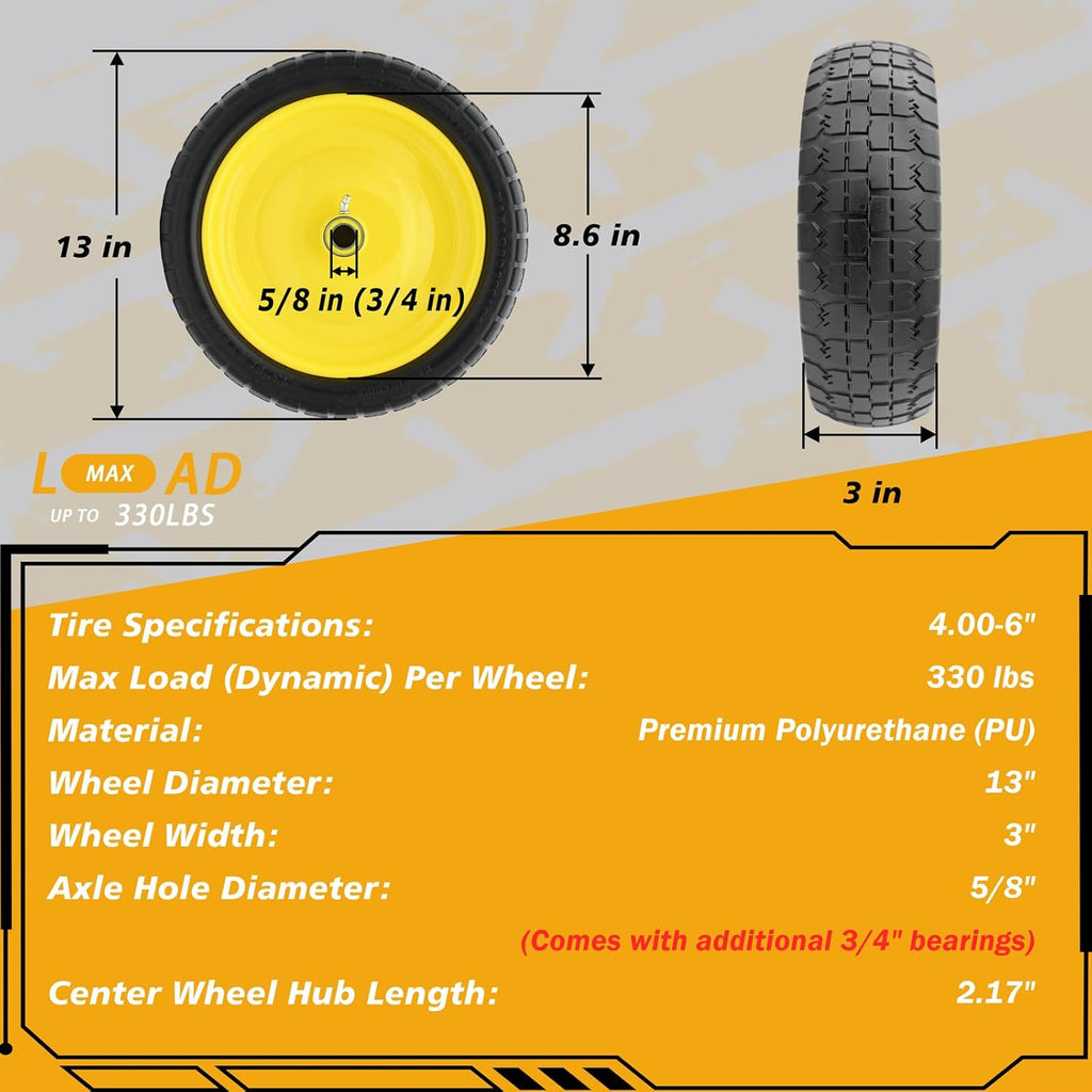 13 Inch 4.00-6 Flat Free Tire and Wheel Replacement for Gorilla Cart with 5/8" & extra 3/4" Bearings, 4.00-6