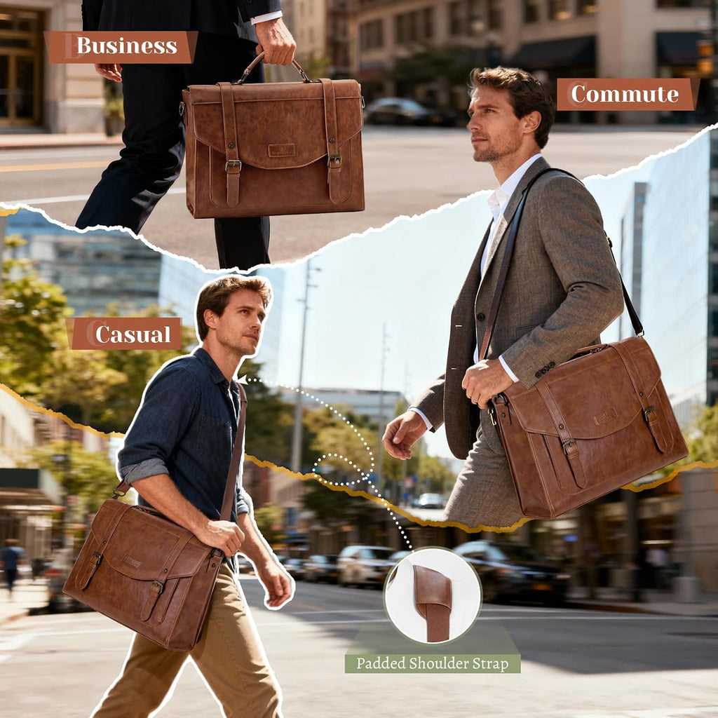 Flap Messenger Bag for Men Vintage PU Leather Laptop Bag 15.6 Inch Retro Briefcase with Wallet Satchel Computer Bag