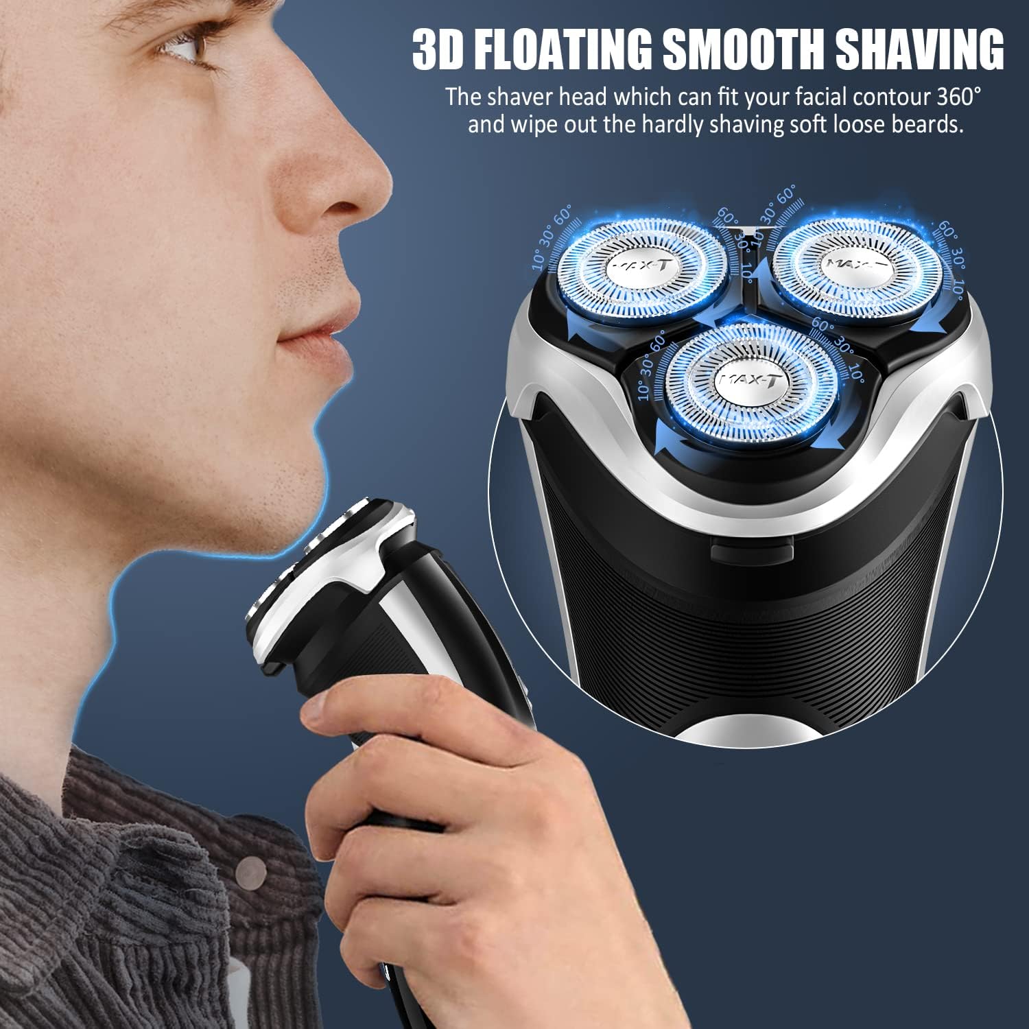 Men's Electric Shaver - MAX-T Corded and Cordless Rechargeable 3D Rotary Shaver Razor for Men with Pop-up Sideburn
