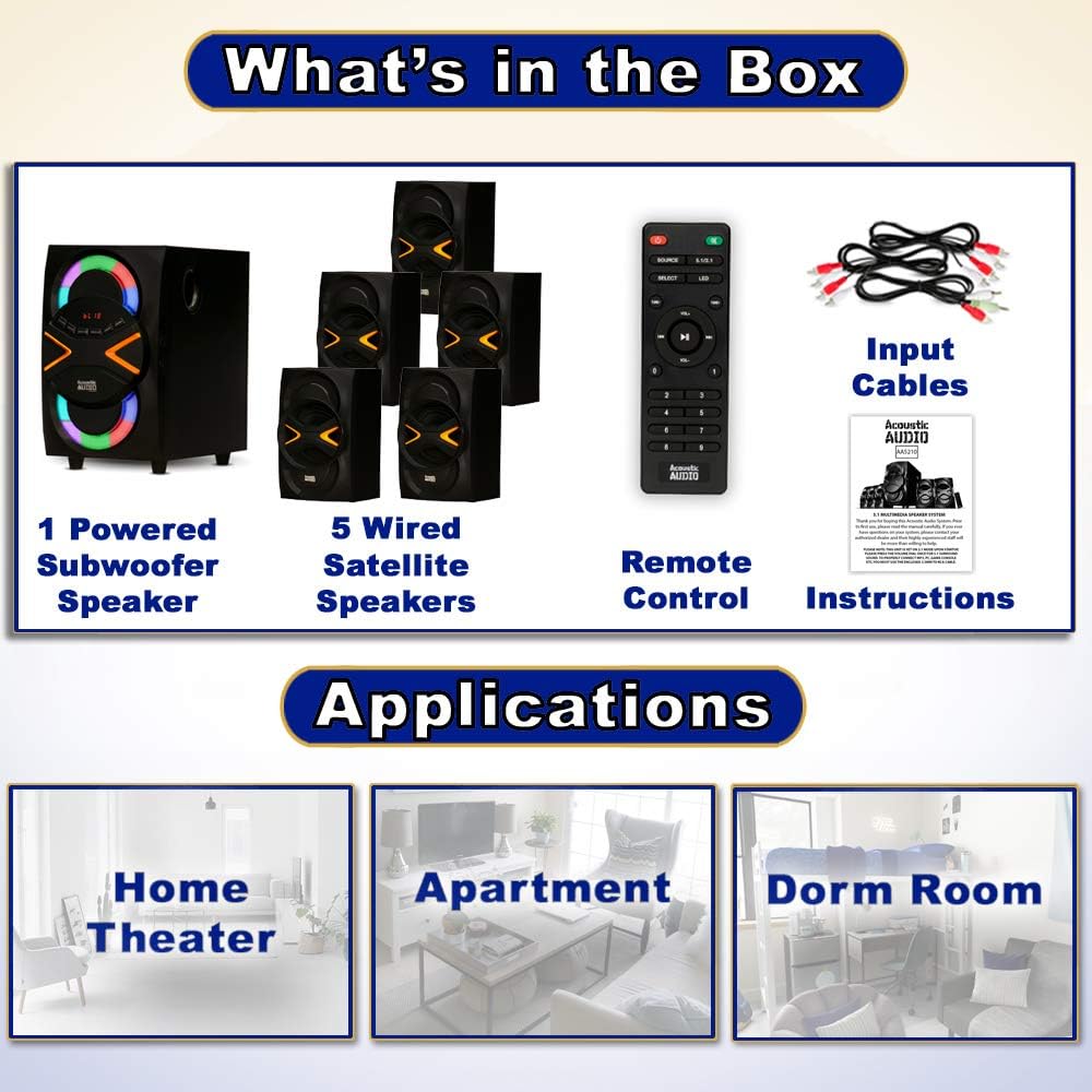 5.1 Speaker System 5.1-Channel with LED lights and Bluetooth Home Theater Speaker System, Black (AA5210)