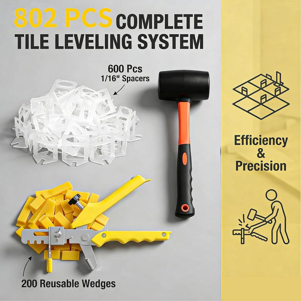Tile Leveling System with Tile Pliers and Hammer, 600 Piece Tile Spacers 1/8 Inch Tile Clips and 200 Piece Reusable