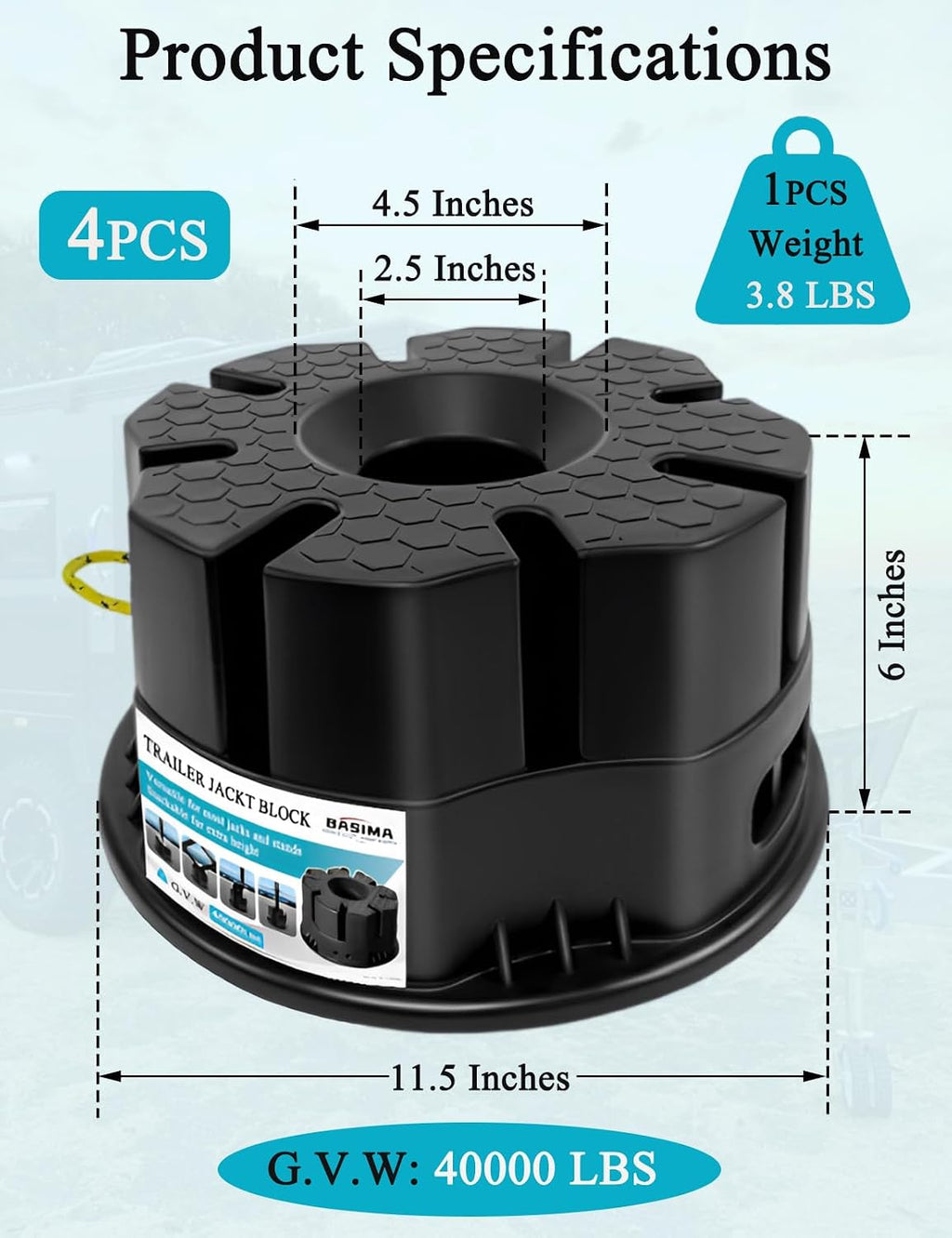 4-Pack 6in Trailer Jack Blocks, 40,000 lb RV Leveling Blocks, Black | Heavy-Duty & Stackable RV Stabilizer Pads