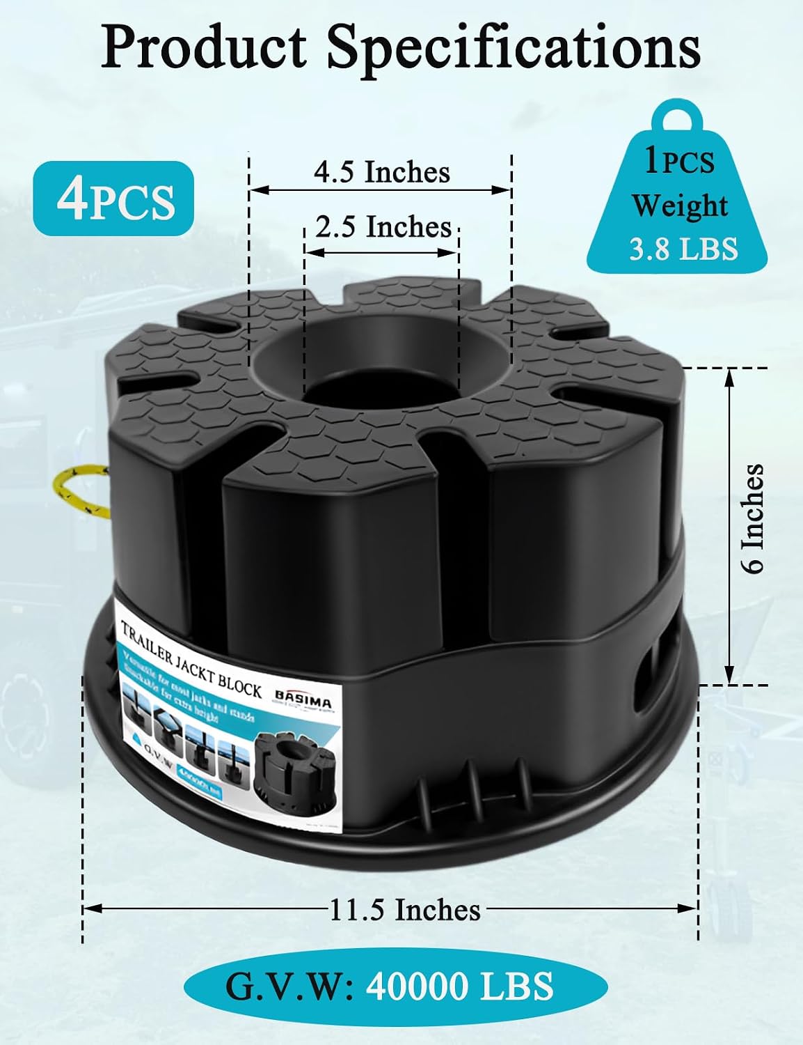 4-Pack 6in Trailer Jack Blocks, 40,000 lb RV Leveling Blocks, Black | Heavy-Duty & Stackable RV Stabilizer Pads
