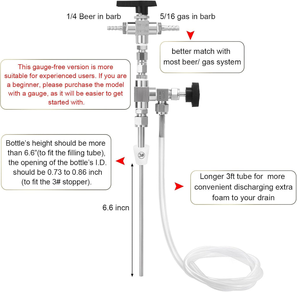 Counter Pressure Bottle Filler Stainless Steel Bottle Filler with 3ft Hose | 1/4” & 5/16” Barb Counter Pressure Beer