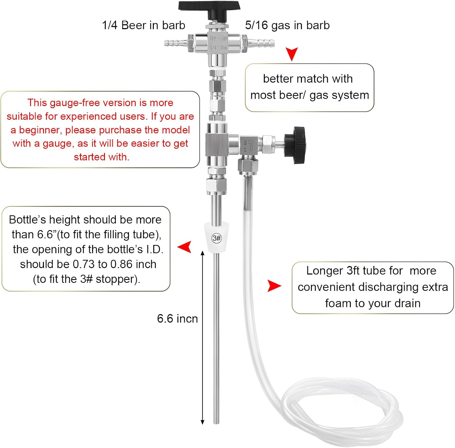 Counter Pressure Bottle Filler Stainless Steel Bottle Filler with 3ft Hose | 1/4” & 5/16” Barb Counter Pressure Beer