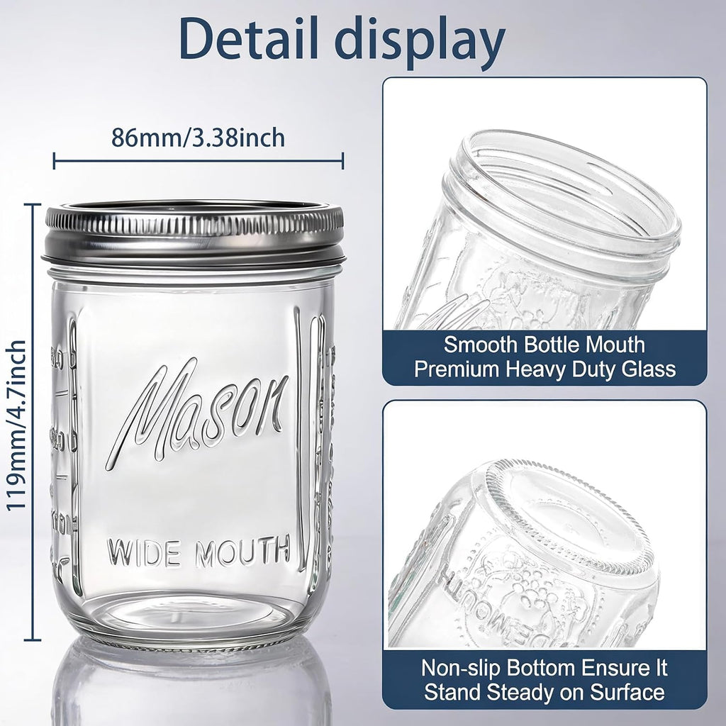 6-Pack Mason Jars 16 oz with Lids – Wide Mouth Glass mason jars, Airtight Leak-Proof canning jars 16 oz for Food