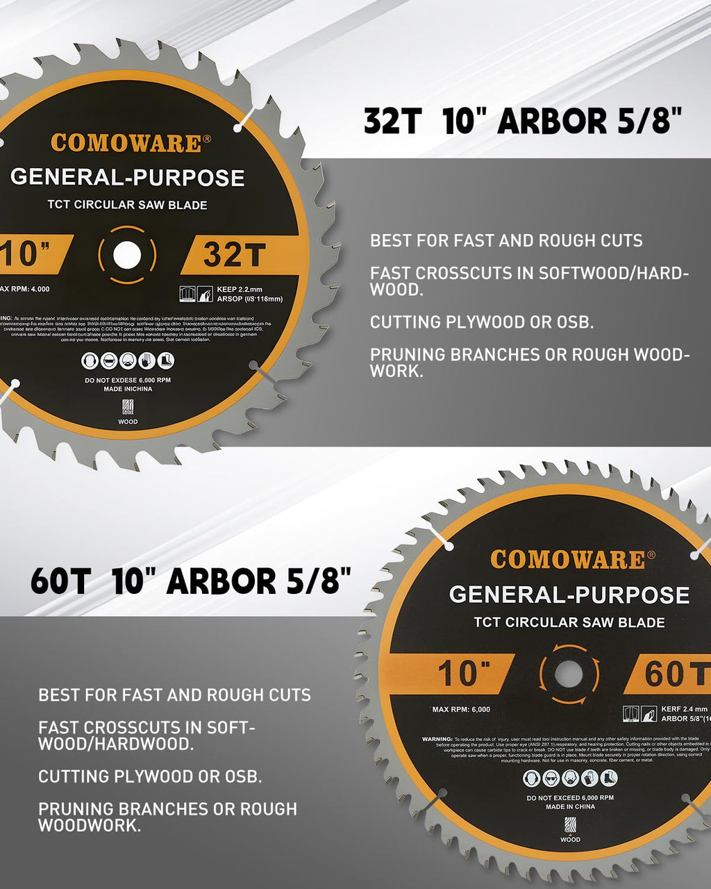 10 inch Miter Saws Blade, 32T & 60T ATB Circular Saw Blade, 5/8" Arbor, TCT Carbide-Tipped, Anti-Vibration, Teflon