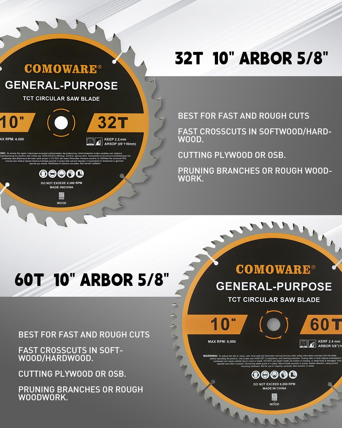 10 inch Miter Saws Blade, 32T & 60T ATB Circular Saw Blade, 5/8" Arbor, TCT Carbide-Tipped, Anti-Vibration, Teflon