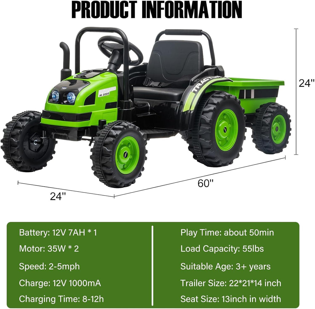 Kids Ride On Tractor with Trailer, 12V Battery Powered Electric Tractor with Remote Control, Music, USB, Led Lights