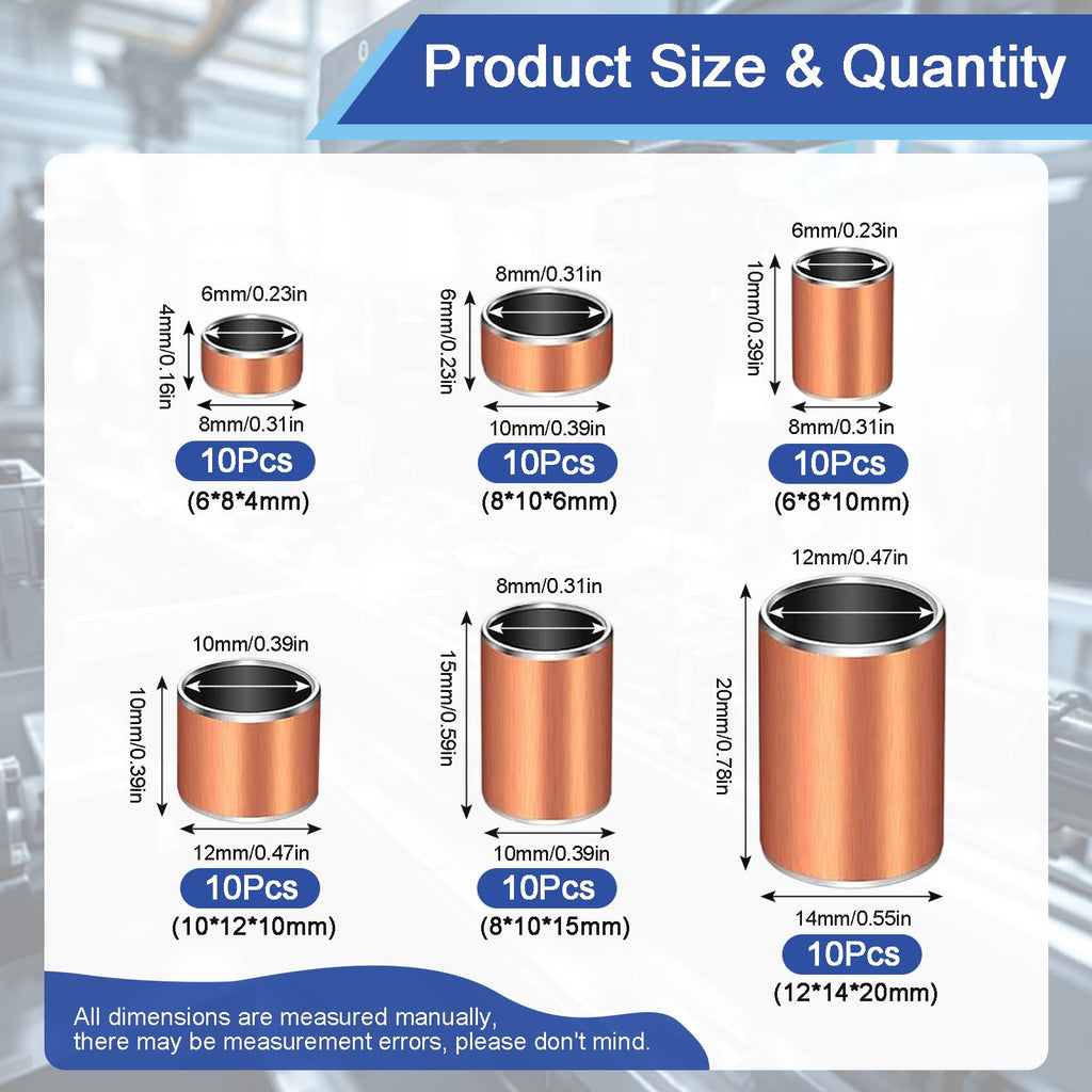 Bronze Sleeve Bearing Kit 60Pcs 6 Sizes Self-Lubricating Bushings Set