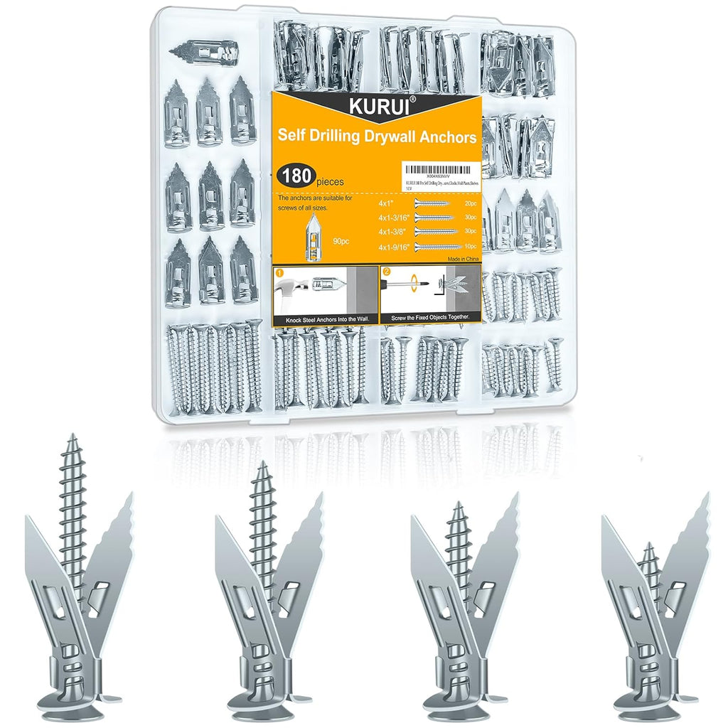 180Pcs Self Drilling Drywall Anchors, Metal Heavy Duty Dry Wall Anchors and Screws Kit, Silver Renter Friendly Anchor