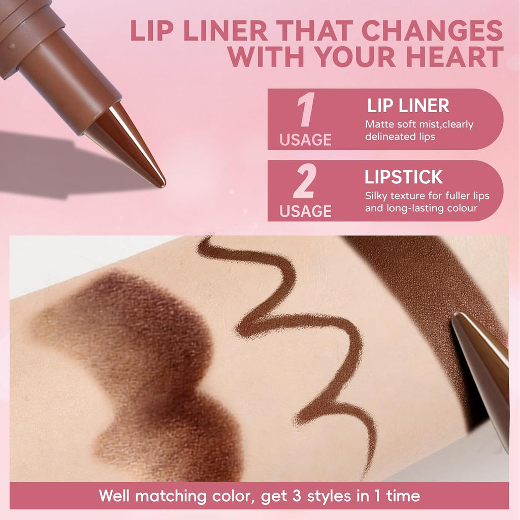 3PCS Lip Combo Sets, Dark Brown Lip Contour Plumping Liner Pencil Moisturizing Nude Lipstick Gloss Combo, High