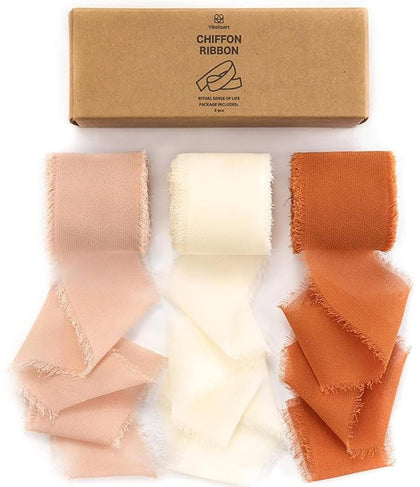 Fall Handmade Chiffon Silk Ribbon Fringe 1.5" x 21 Yd Terracotta Cream Frayed Edges Ribbons for Wedding Invitations