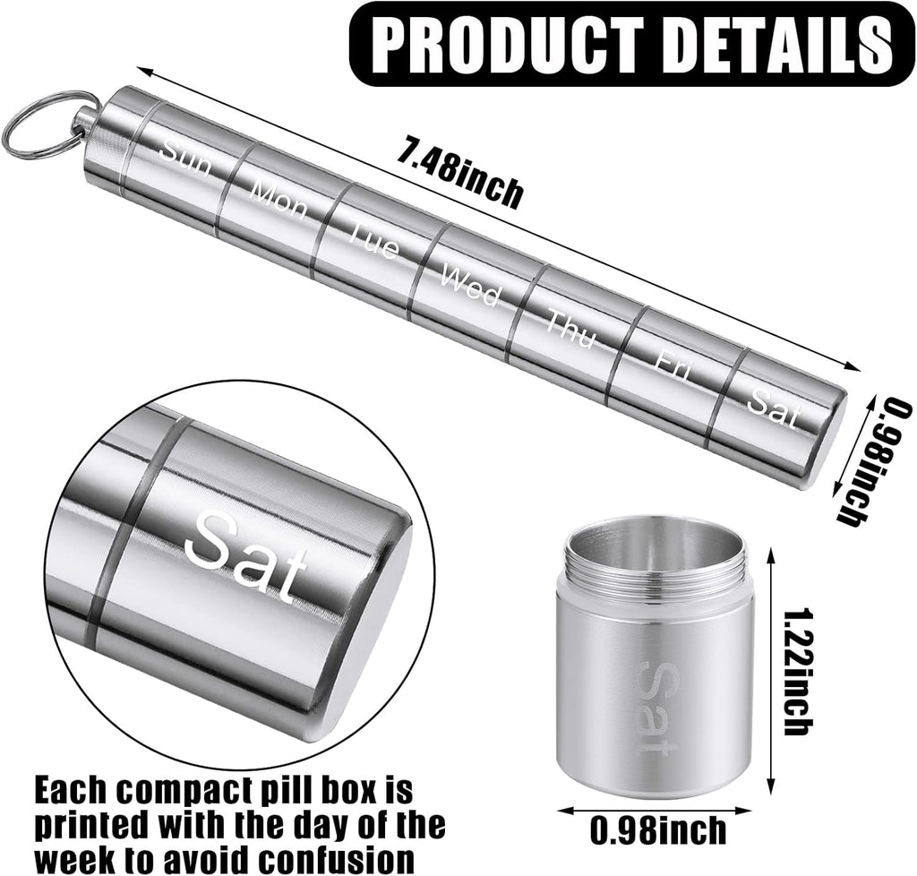 2 Pack Metal Weekly Pill Organizer Travel Pill Container with Keychain 7 Day Weekly Waterproof Small Capsules Holder