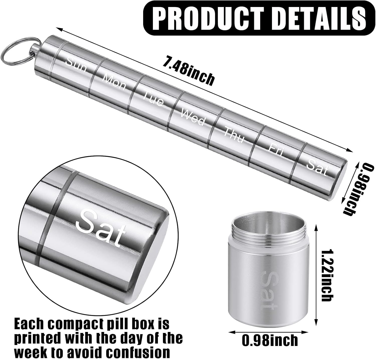 2 Pack Metal Weekly Pill Organizer Travel Pill Container with Keychain 7 Day Weekly Waterproof Small Capsules Holder