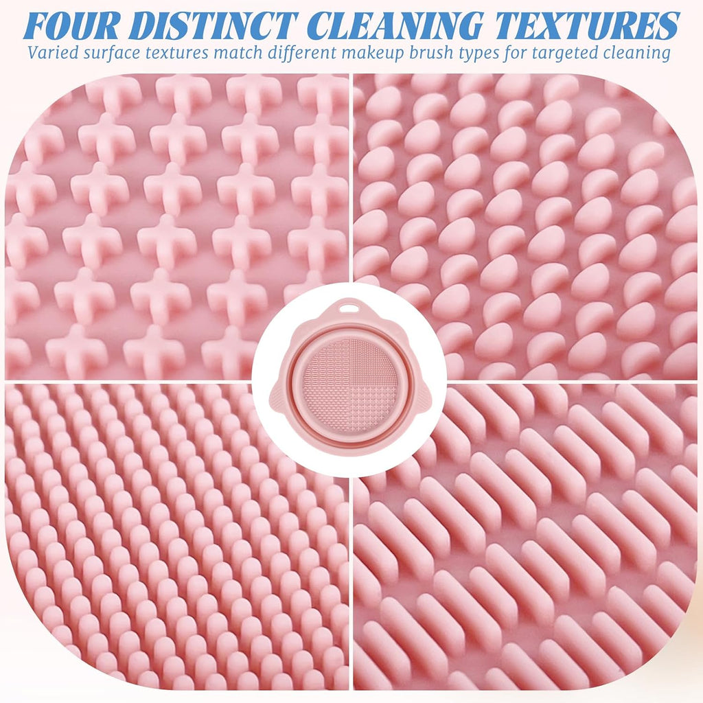 Collapsible Makeup Brush Cleaner Bowl, 2 Pack Silicone Washing Mat for Cleaning Daily Beauty Tools, Pink and Blue