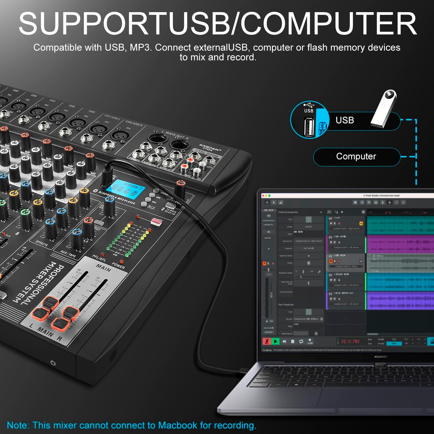 8-Channel Audio Mixer, Recording Sound Board with Bluetooth | DJ Mixer Board with 48V Phantom, USB & XLR Interface