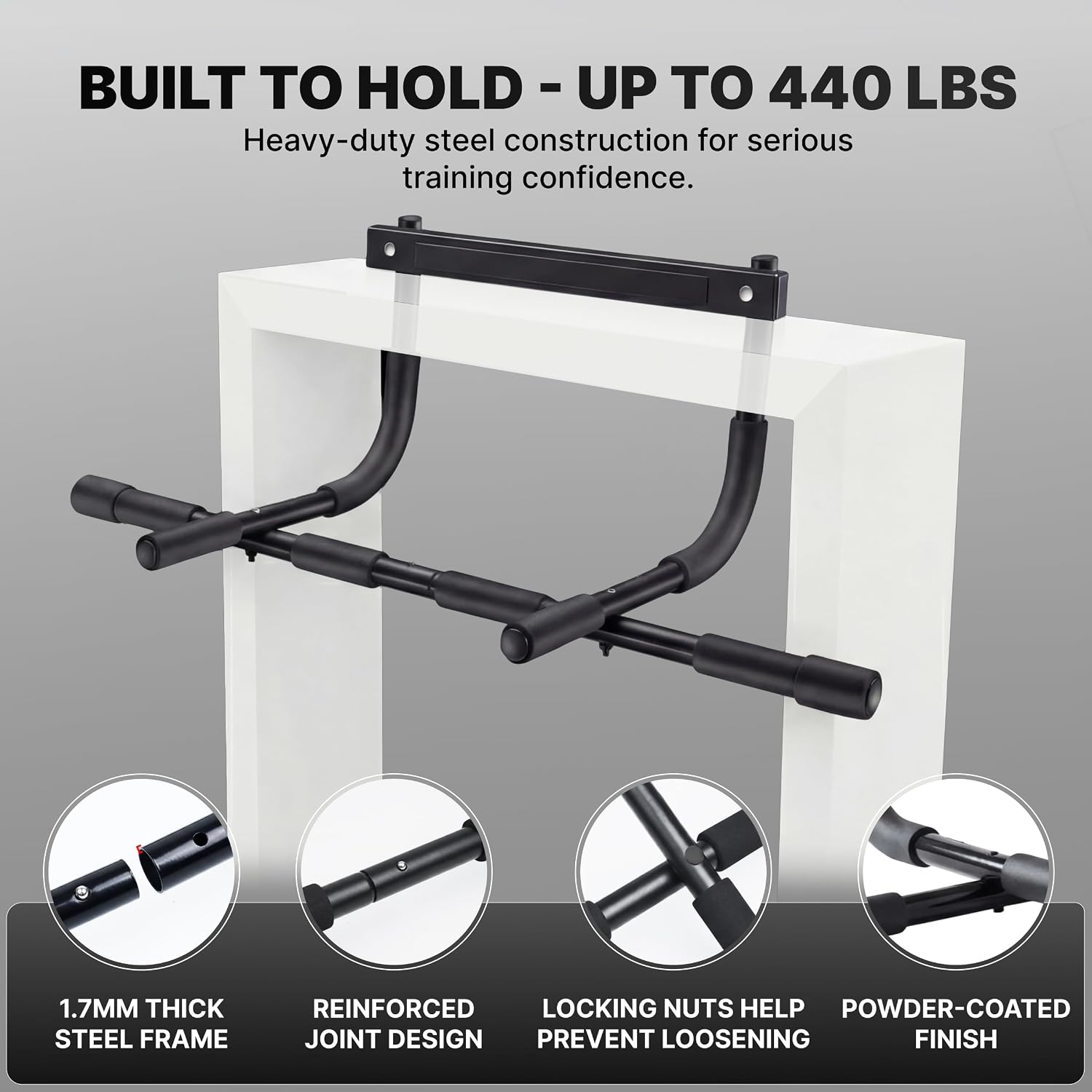 Pull Up Bar for Doorway - Upto 250 Lbs Capacity, No Screwing or Slipping, Hanging Pullup & Chin Up Bar for Door Frame