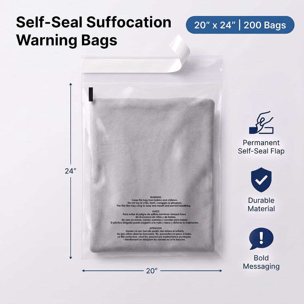 20" X 24" (200 Count) Self-Seal Clear Poly Bags With Suffocation Warning