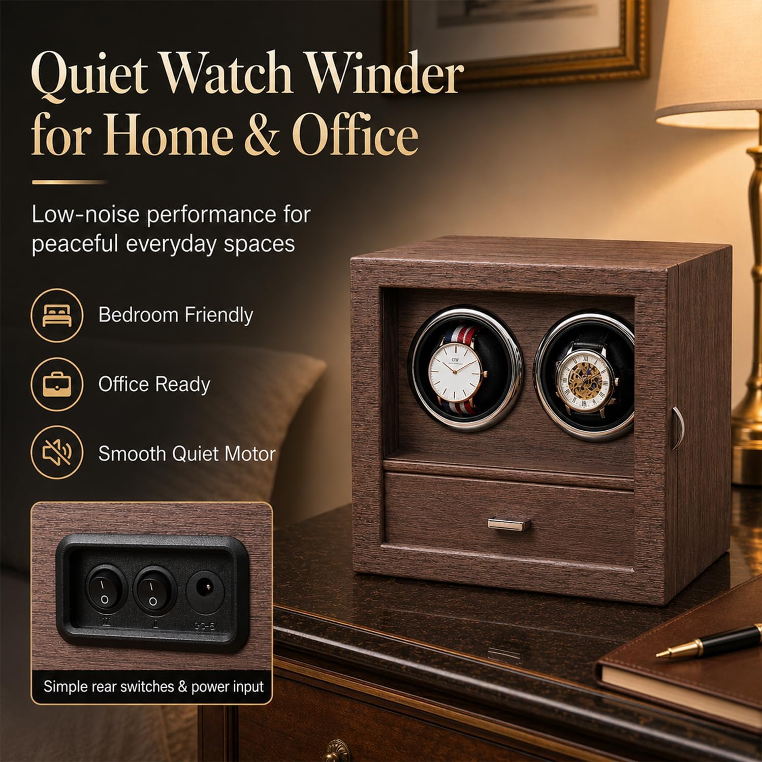 Automatic Watch Winder for Men and Women, Dual Watch Winder with Quiet Motor, Wood Grain Case with Glass Door, Ideal