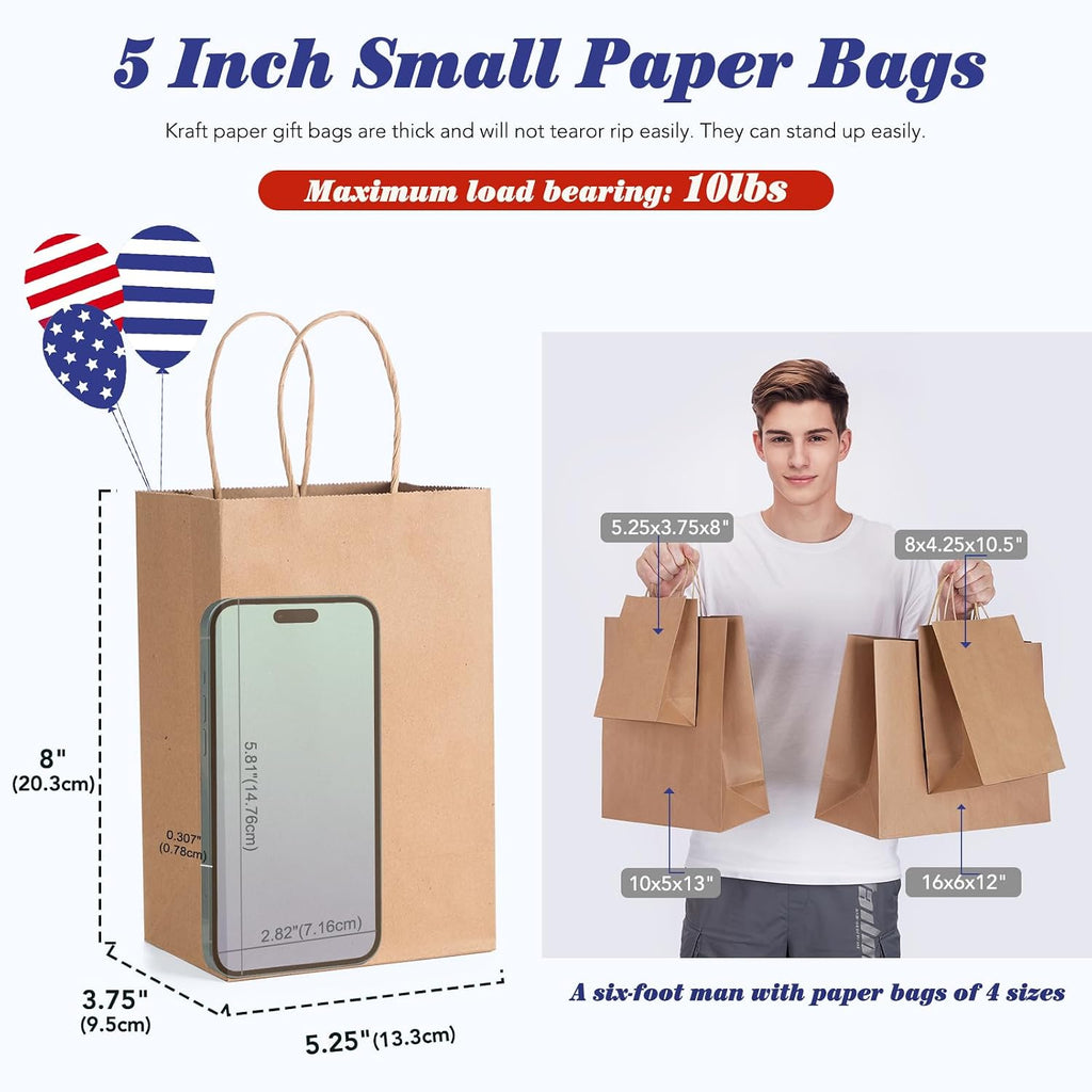 Brown Paper Bags with Handles, Small Gift Bags 5.25x3.75x8, 100 Pack
