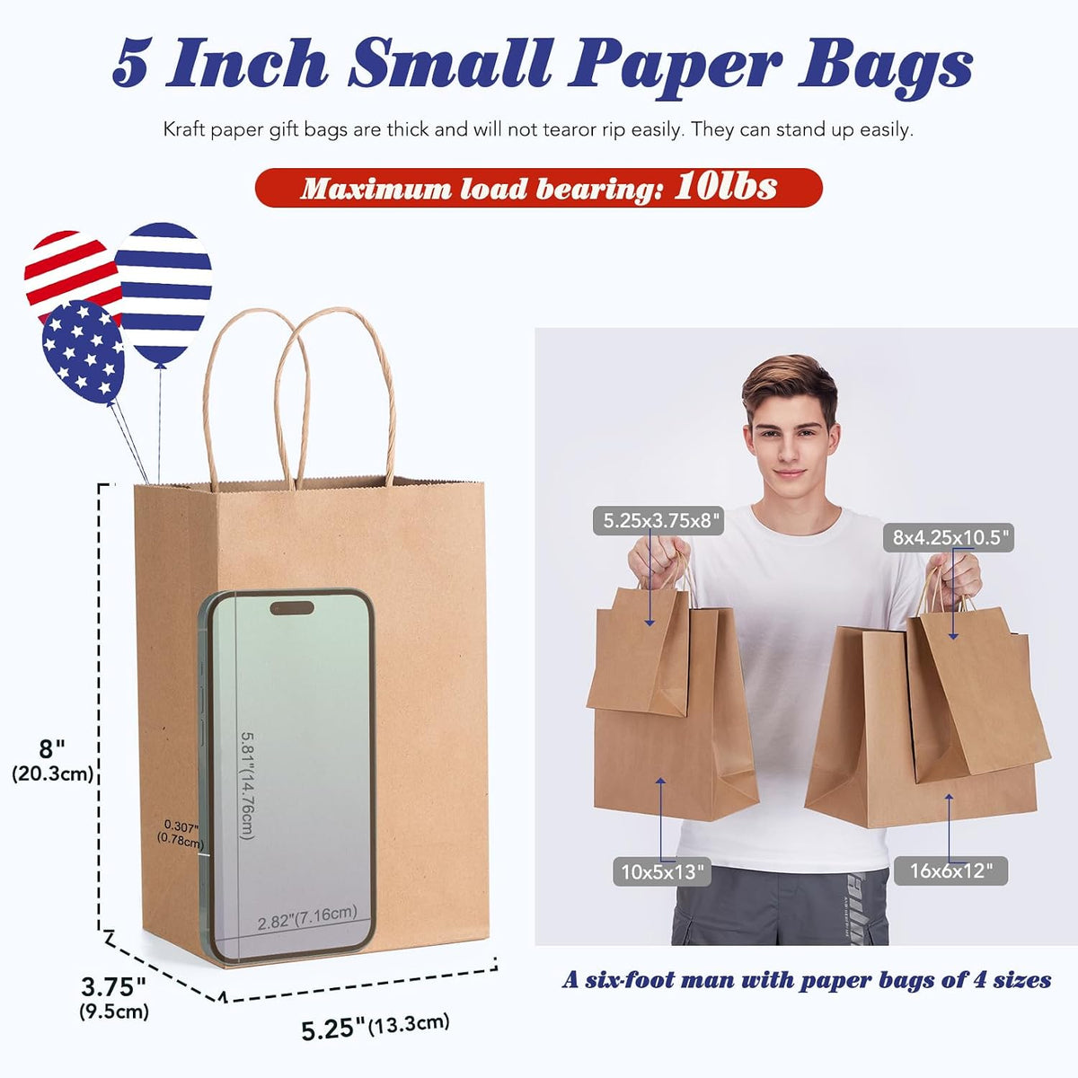 Brown Paper Bags with Handles, Small Gift Bags 5.25x3.75x8, 100 Pack