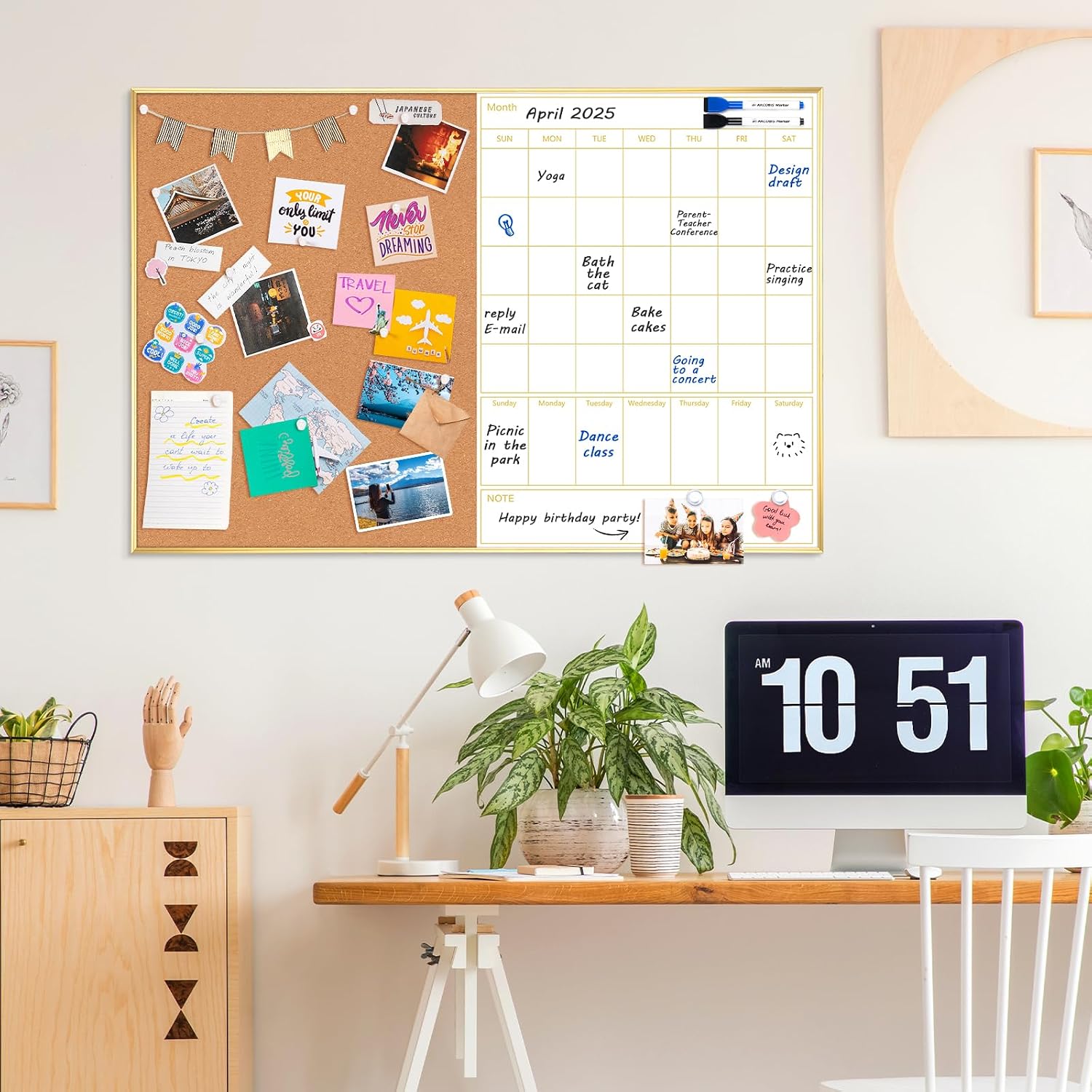 Dry Erase Calendar with Cork Board, 36"x24" Magnetic White Board Calendar Dry Erase for Wall, Gold Frame Combination