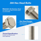 M10x1.5 x 60mm Hex Head Screws Bolts, 304 Stainless Steel (A2-70), Bright Finish, Fully Threaded, Hexagon Head Bolts, Quantity 6