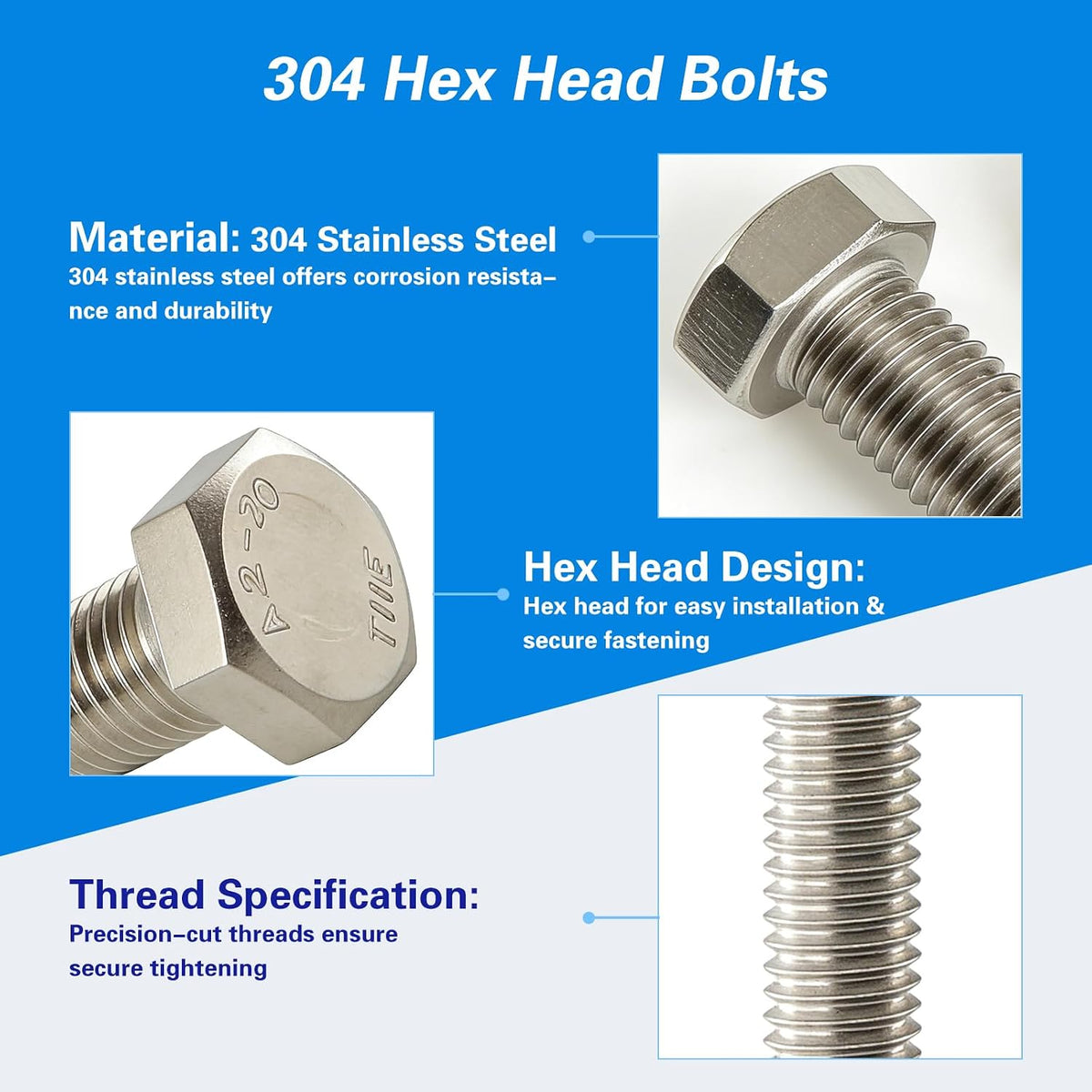 M10x1.5 x 60mm Hex Head Screws Bolts, 304 Stainless Steel (A2-70), Bright Finish, Fully Threaded, Hexagon Head Bolts, Quantity 6