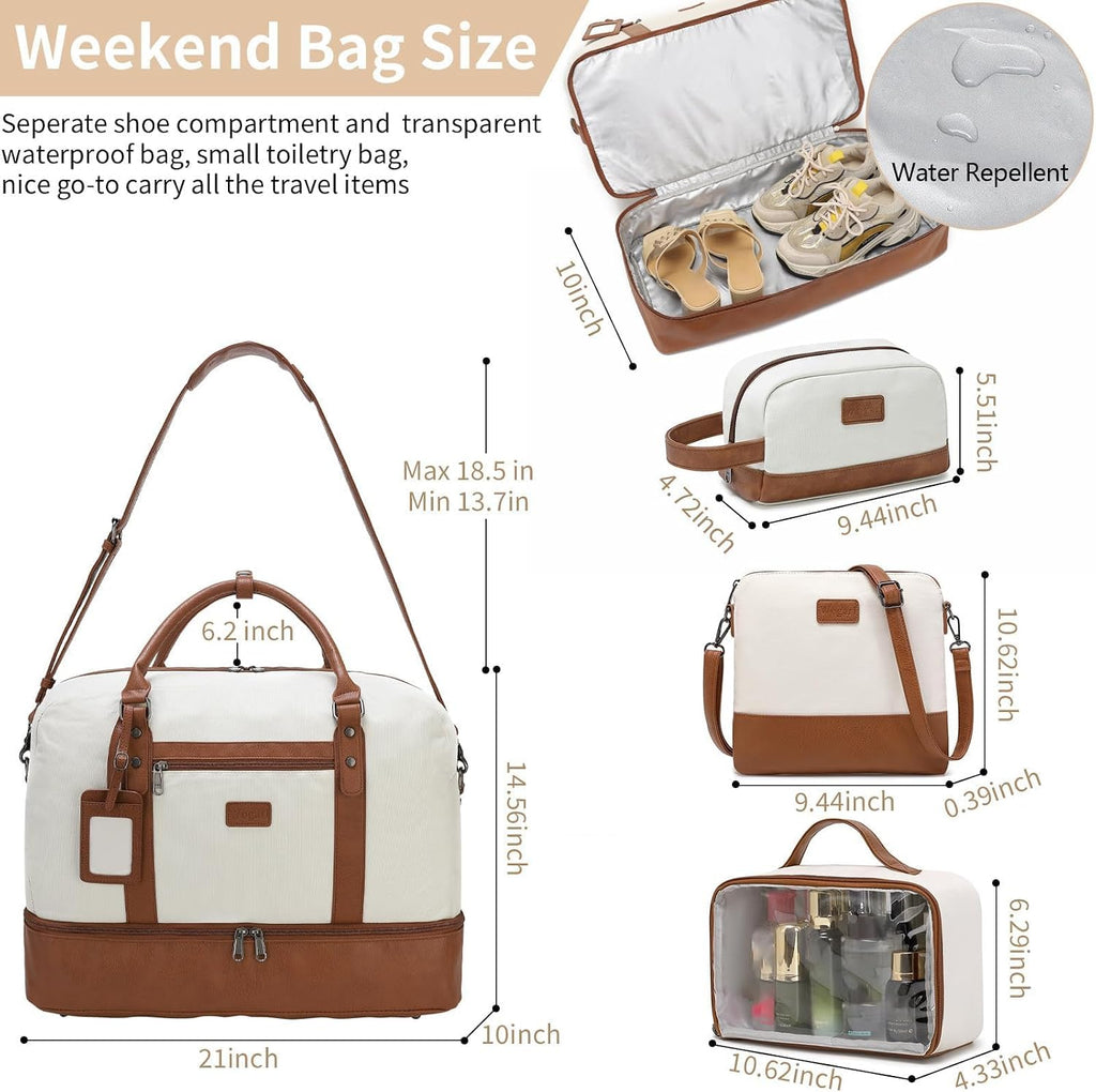4PCS Weekender Bags for Women Large Overnight Weekend Travel Duffel Carry on Shoulder with Shoe Compartment Canvas