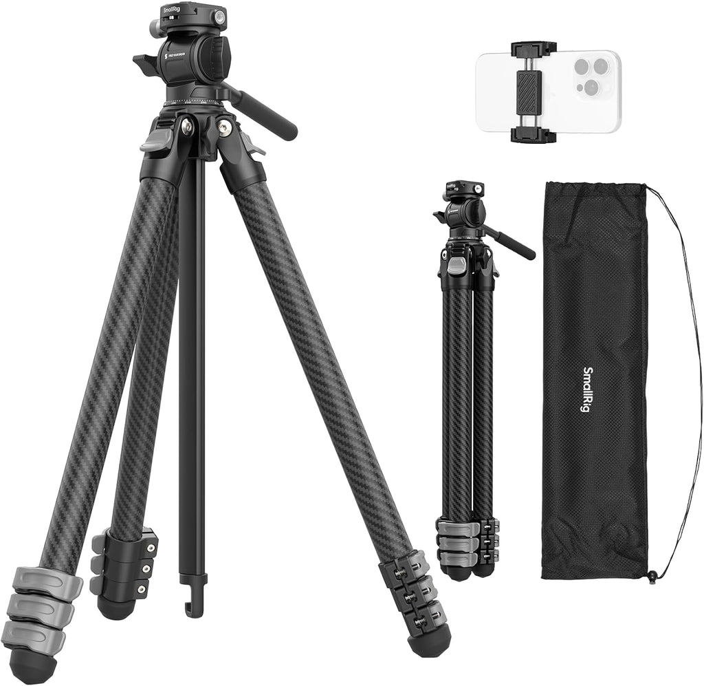 Portable Travel Video Tripod, Carbon Fiber Compact Tripod for Outdoor Photography, 5kg Load, Fluid Head with 360° Pan